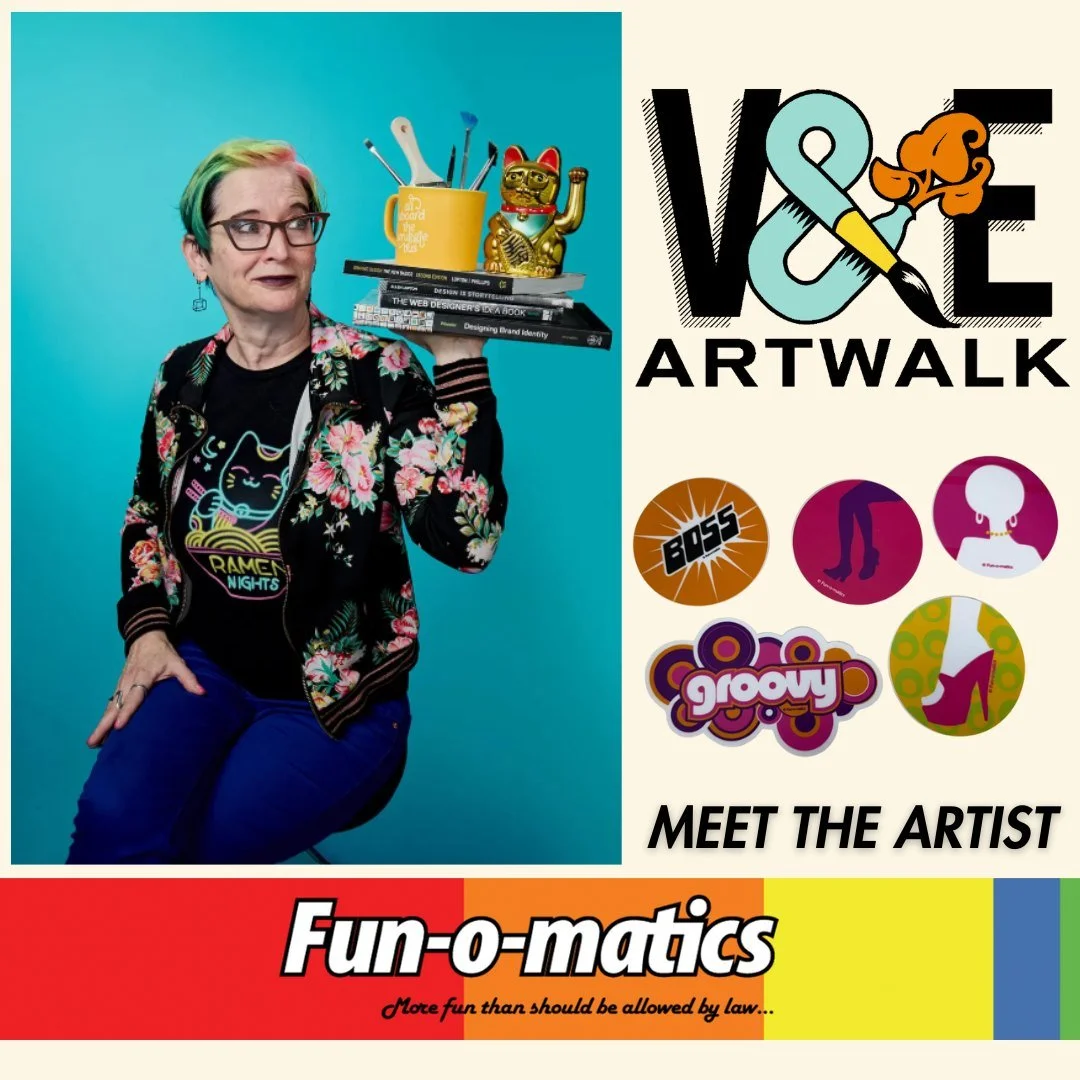 🎨 Meet the Artist: Fun-O-Matics 🎨
Get ready for color, creativity, and pure fun! Fun-O-Matics brings a bold, graphic style to this year&rsquo;s V&amp;E Greenline Artwalk, featuring original small artworks, prints, stickers, and buttons &mdash; all 