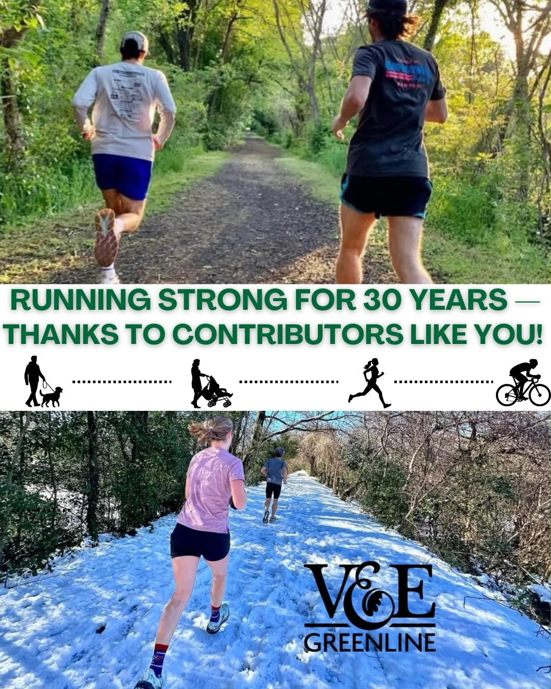 Season after season for 30 years, the V&amp;E Greenline has been a place to run, walk, ride, &amp; connect&mdash;it&rsquo;s all possible because of people like you!

This spring, we&rsquo;re celebrating that legacy with our #30for30 campaign. Help us
