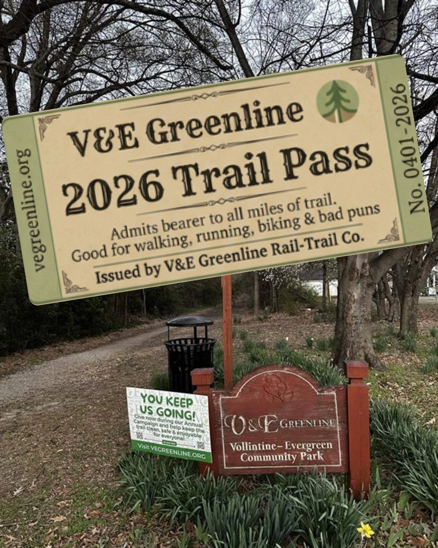 𝑯𝑶𝑻 𝑶𝑭𝑭 𝑻𝑯𝑬 𝑷𝑹𝑬𝑺𝑺𝑬𝑺! Have you gotten your 2026 V&amp;E Greenline Trail Pass yet? 🎟️🌳
This season's trail pass card is good for:
- Unlimited dog walks
- Unlimited runs
- Unlimited bike rides
- Unlimited volunteer hours

No blackout d