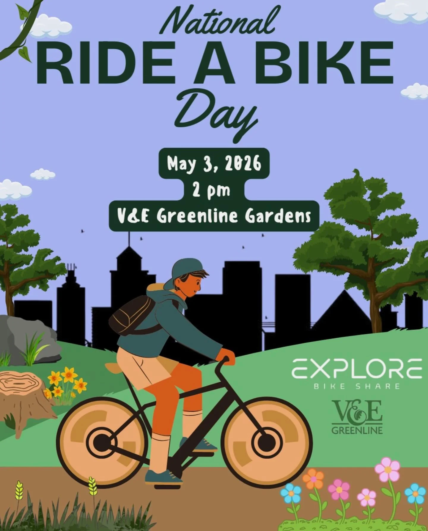SAVE THE DATE: 🚲 National Ride A Bike Day is almost here!
Join V&amp;E Greenline + Explore Bike Share for a FREE, family-friendly ride on Sunday, May 3 at 2 PM at V&amp;E Greenline Gardens.
✨ Meet &amp; greet 
🔧 Bike tips + safety 
⚡ E-bike demos (