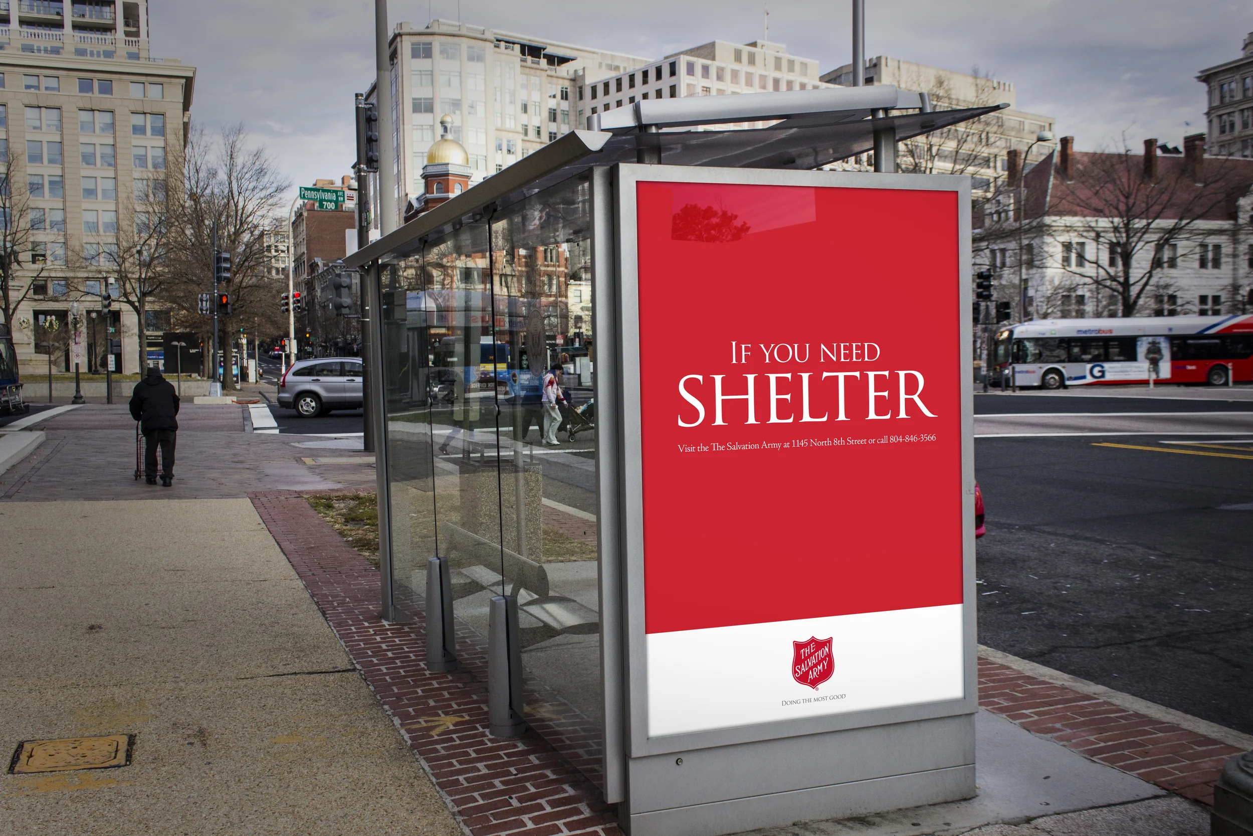 Salvation Army shelter message on a city bus stop