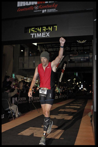 Sean Lindsay crossing the finish line at Ironman Louisville, KY after a 2.4 mile swim, 112 miles on a bike, and a full marathon run of 26.2 miles. October 9th, 2016.