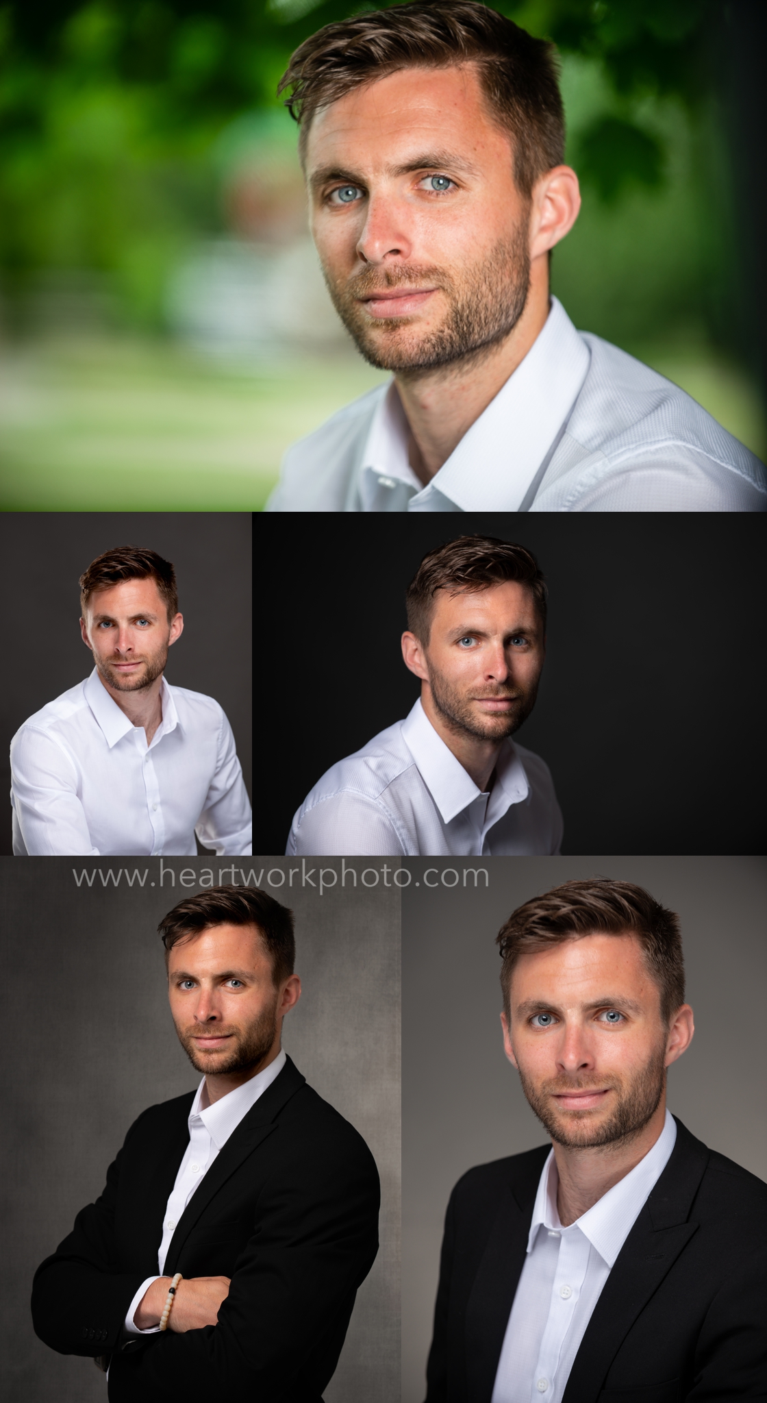 Men's head shot, studio and environmental.