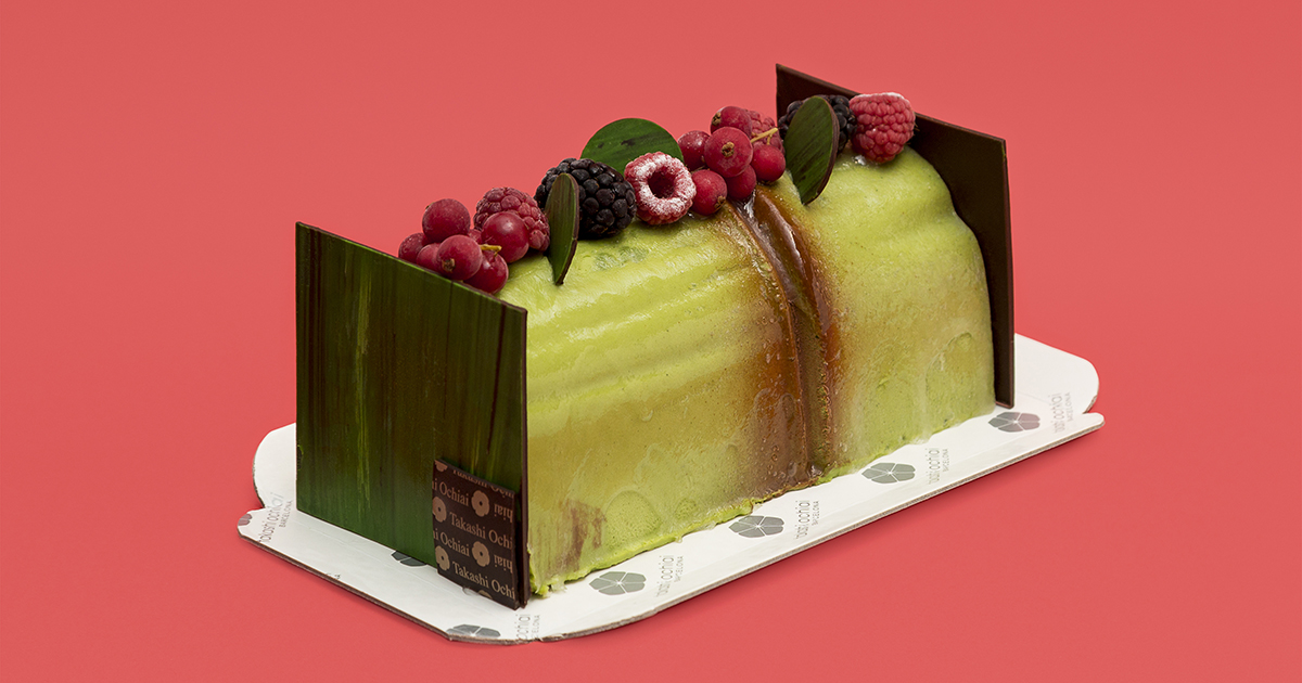 Té verde , mousse de chocolate blanco y té verde, coulis de frambuesa, mousse de chocolate Manjari 64% y bizcocho de almendra