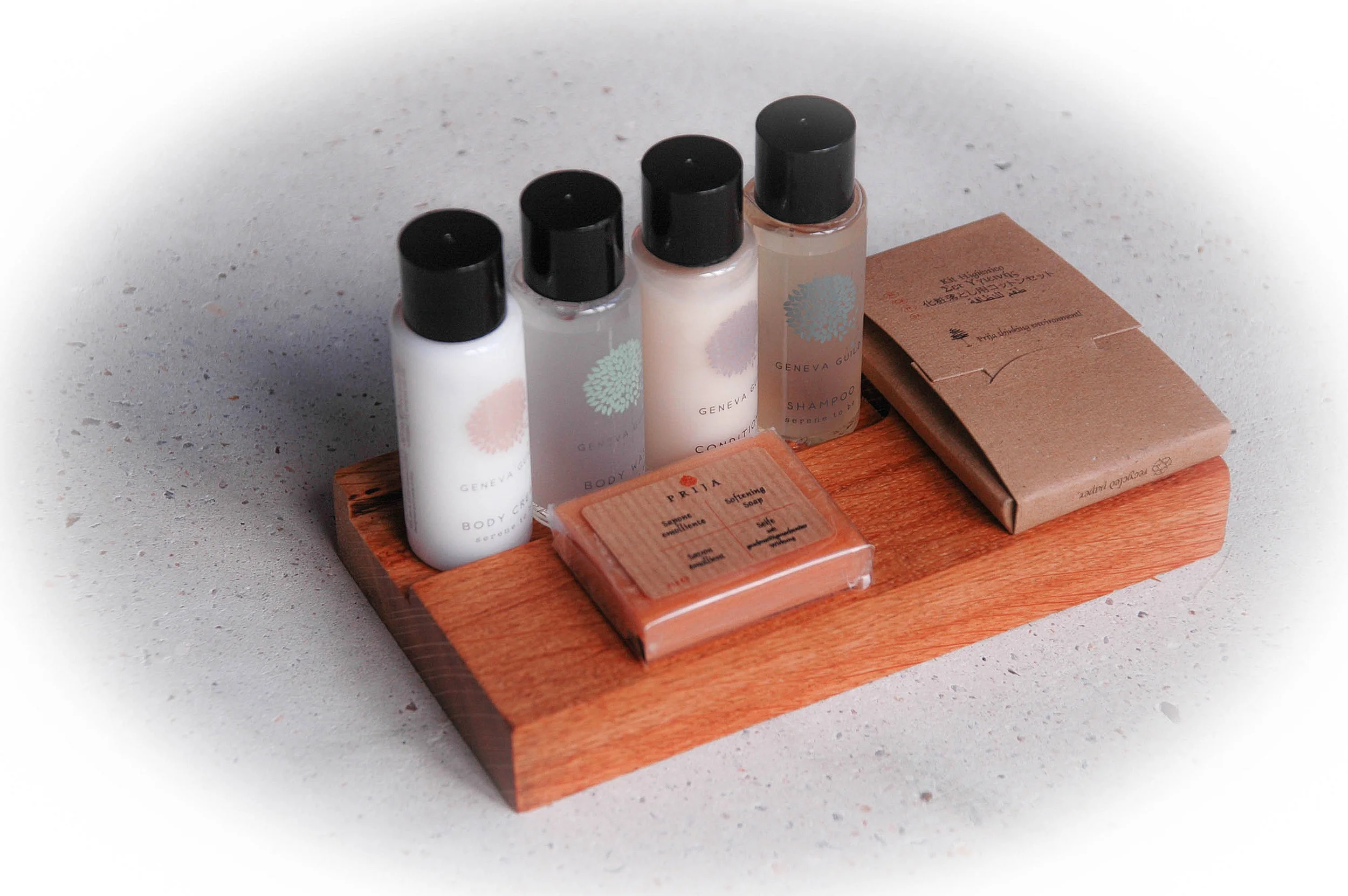 Roughstuff boards used to display hair and skin products in 5 star hotel bathrooms