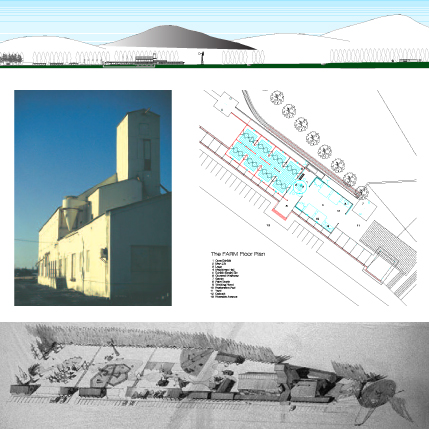 Despite its building-like exterior, the grain elevator that houses the FARM is in fact a giant machine, whose complex operations are now made visible. Attached steel sectional fences, prefabricated sheds, irrigation pivots, etc. support onsite farming and ranching activities, and display the county’s collection of historic farm machinery.