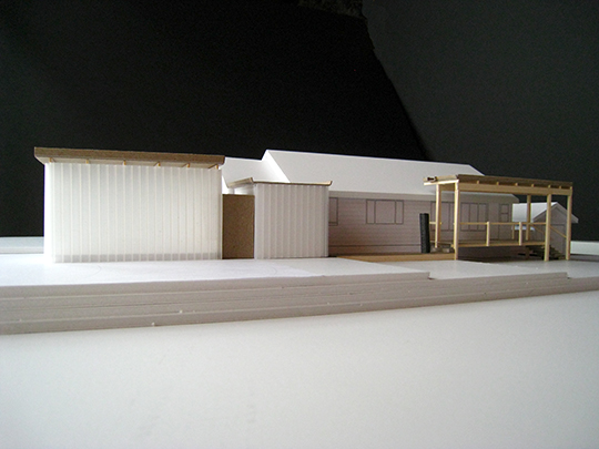 Preliminary study investigating mudroom and solarium addition in harmony with sheltered elevated deck.