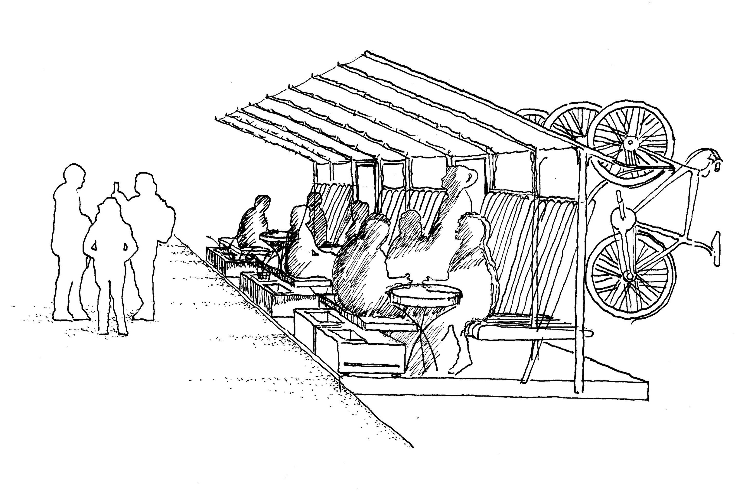 Concept Sketch for NCFC Parklet featuring Bicycle Parking to promote city-wide bike transit mode of transportation. Ambitious design aimed to raise the bar for sidewalk seating in Plattsburgh.
