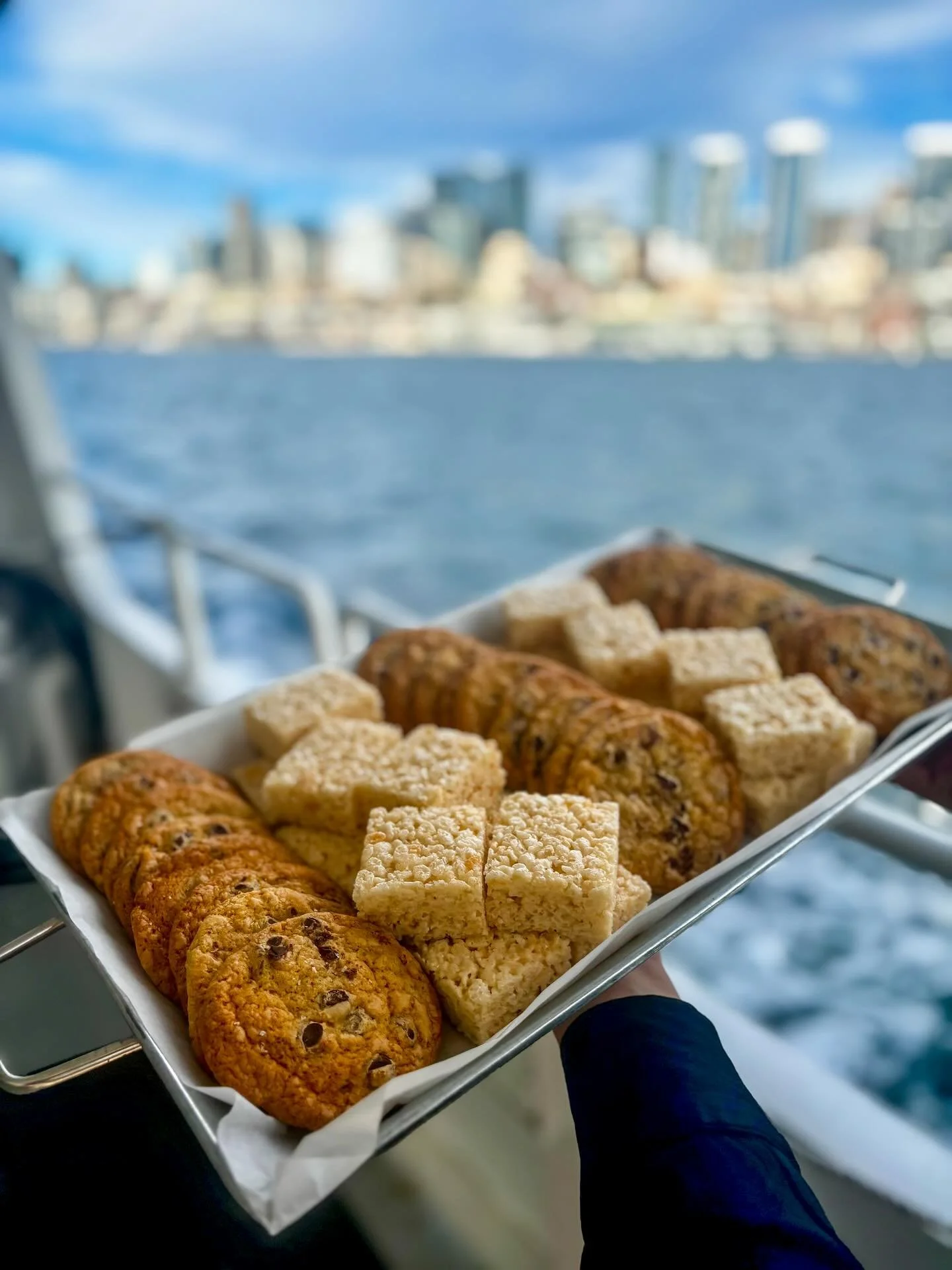 It’s always a treat to serve our food on @argosycruises events! This party finished their midday cruise meal with our house made Chocolate Chip Cookies and Rice Krispies Treats …and a beautiful, mid-October view of the Seattle skyline an