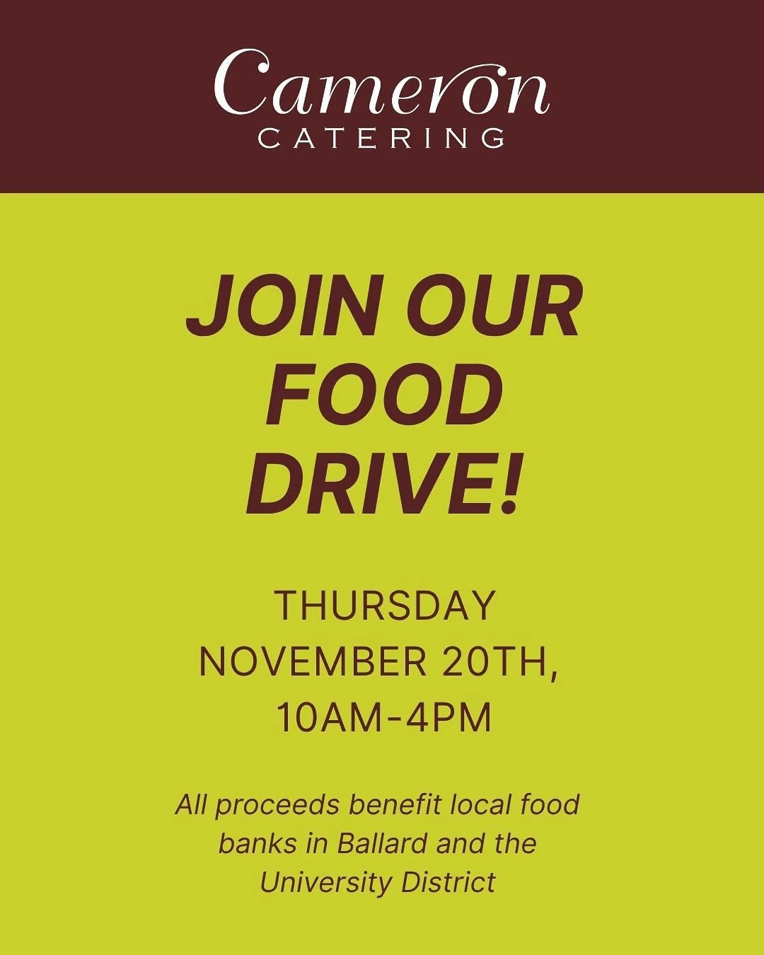 FOOD DRIVE 11/20! Bring a bag, get a treat! 

Cameron Catering will be hosting a food drive on November 20th, between 10am-4pm.  During the drive we are collecting non-perishable food, new personal hygiene items and we will direct monetary donations 