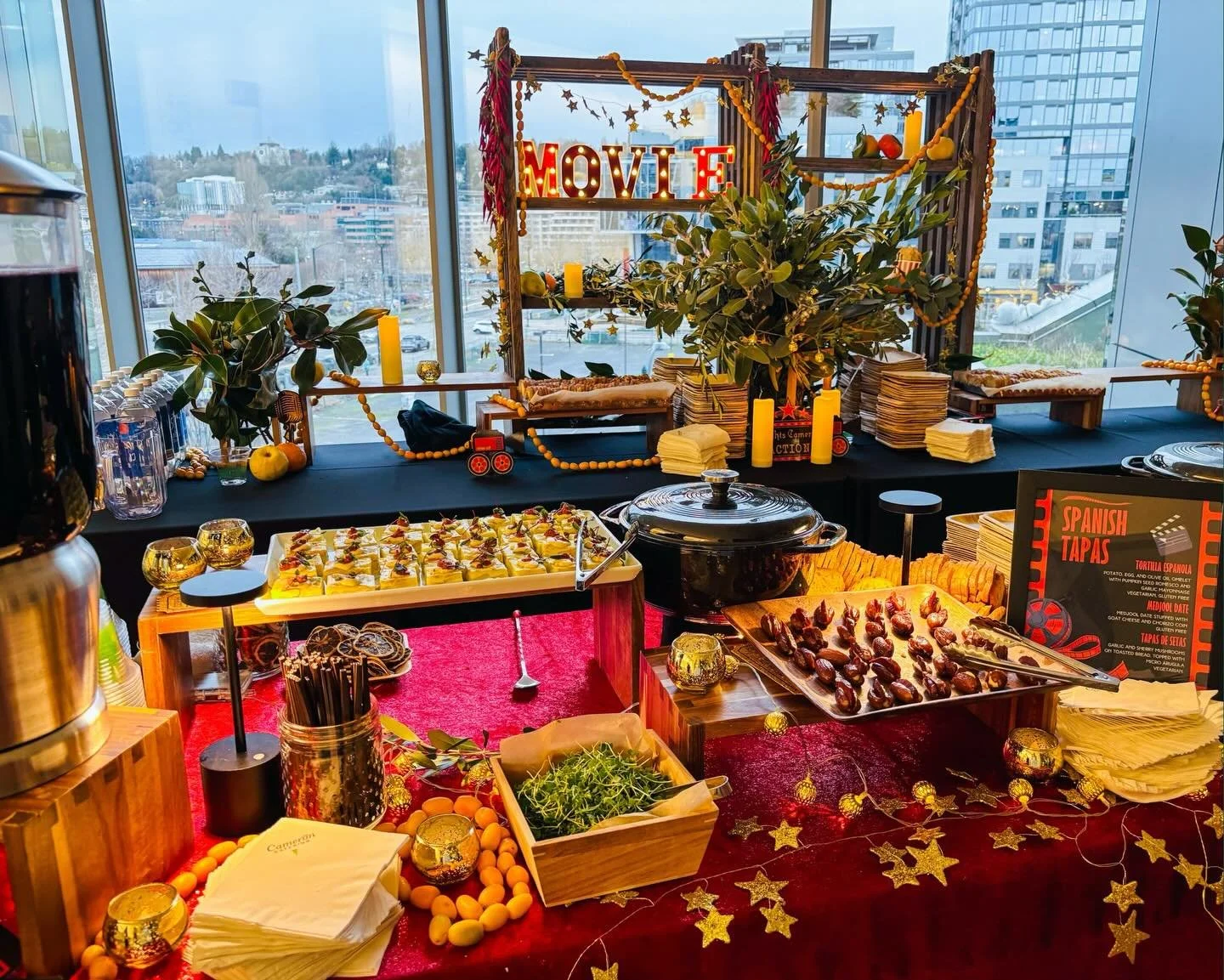 Spanish Tapas station at a recent holiday party for 550 guests. This custom menu includes Individual Tortilla Espanola with Romesco Sauce and Goat Cheese Stuffed Medjool Dates with Chorizo. Delicious!