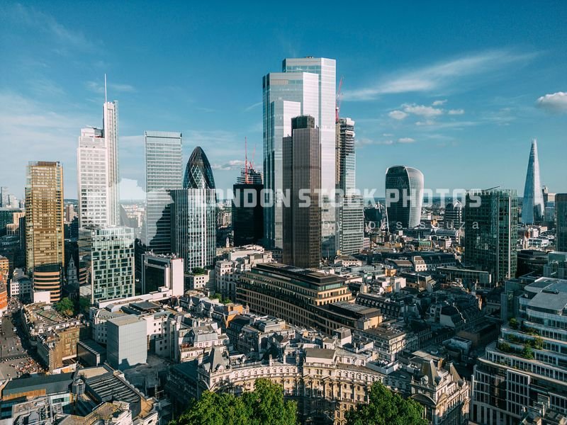  London EC2, Aerial Photography of the City of London Skyscrapers, including Tower 42, TwentyTwo, 22 Bishopsgate, EC2, 100 Bishopsgate, Heron Tower, 110 Bishopsgate, London Wall, The Shard, The Walkie-Talkie Building, 1 Great Winchester Street.  