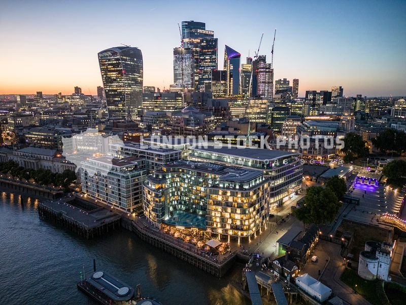  London, Aug 2022, Aerial view of the City of London skyline during dusk time 