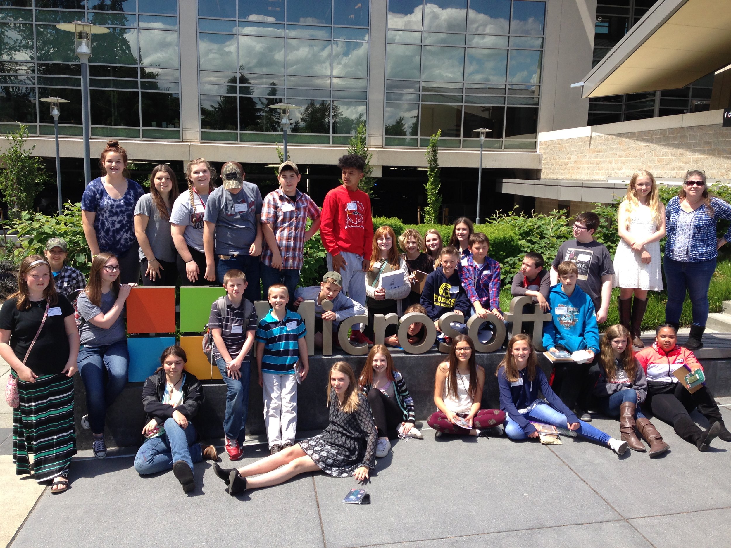   Middle school students learned about the work spaces and projects of Microsoft employees in a tour of the Microsoft campus in Redmond, WA.  