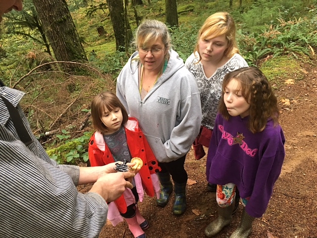 A volunteer demonstrates how to identify mushrooms.