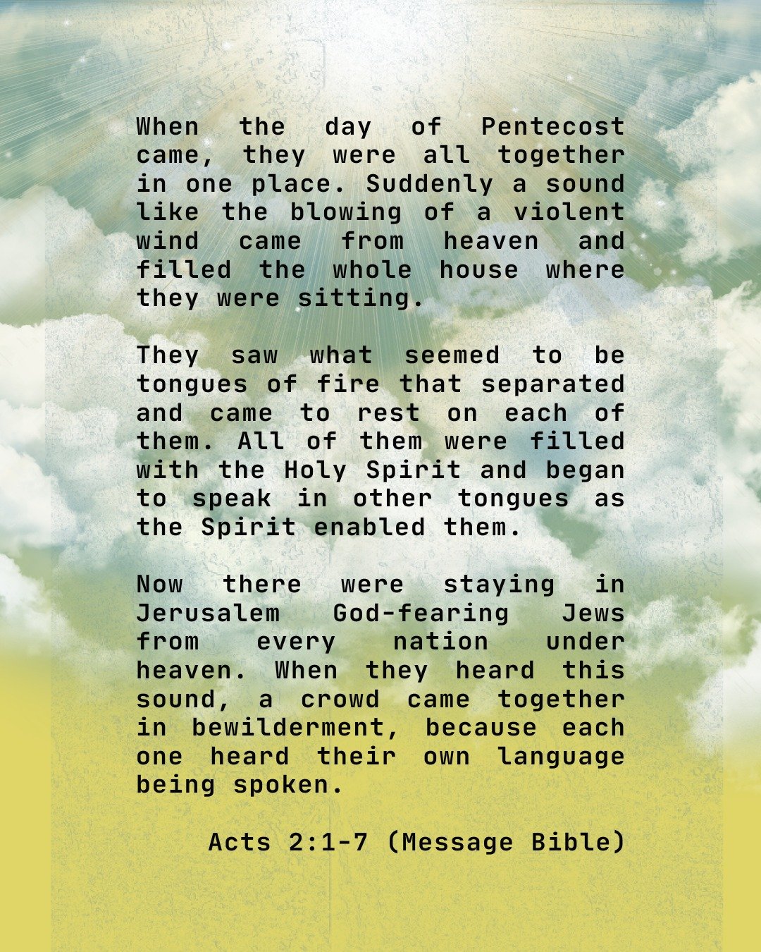 This coming Sunday we celebrate
Pentecost. In Acts 1 in the Bible Jesus told his
followers to wait (to pause, to expectantly pause) for
the Holy Spirit, whom He would send to be with all
believers.

We can't wait to join together and worship God this