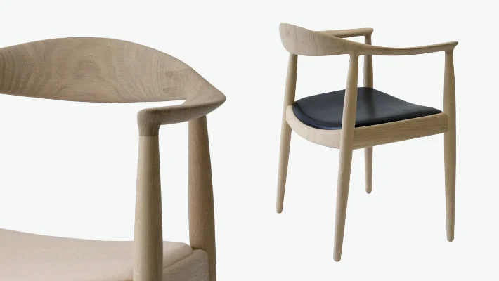 For contrast, the Round Chair by furniture designer Hans Wegner. Each individual part is shaped in a way that is not only beautiful, but perfectly suits the human body. Como contraste, la silla Round del diseñador de muebles Hans Wegner. A cada parte se le ha dado una forma que no solo es bella sino que además se adapta perfectamente a la figura humana.