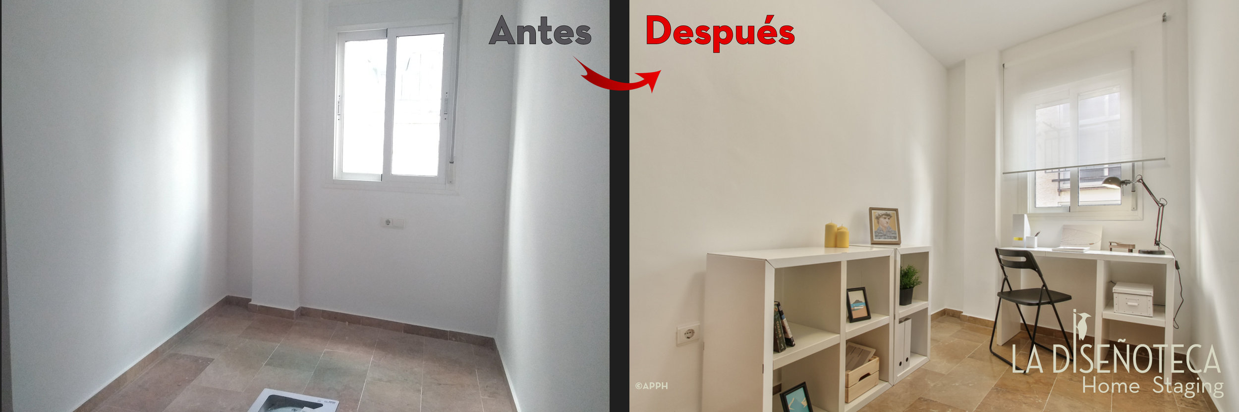 Habitación ambientada como un estudio con mobiliario y decoración de cartón.
