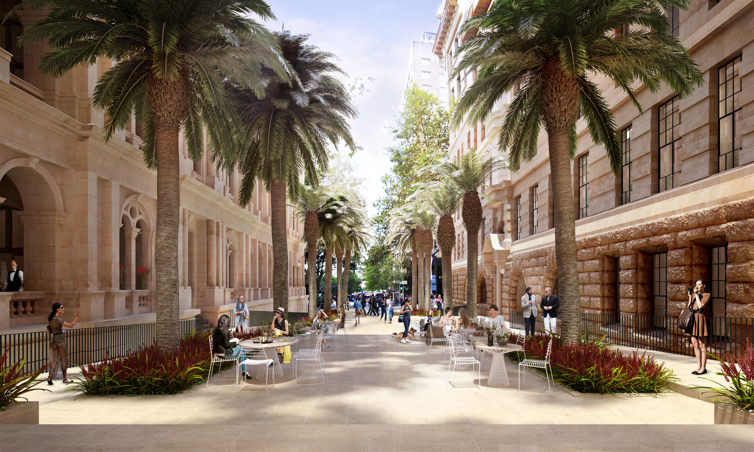 The final view focuses on the public realm between the two sandstone buildings, activating the space by placing contextually appropriate Sydneysiders and tourists in the scene. We paid particular attention to the details of the flooring and planting to ensure consistency with other areas of the City of Sydney and give the scene a strong sense of identity and place.