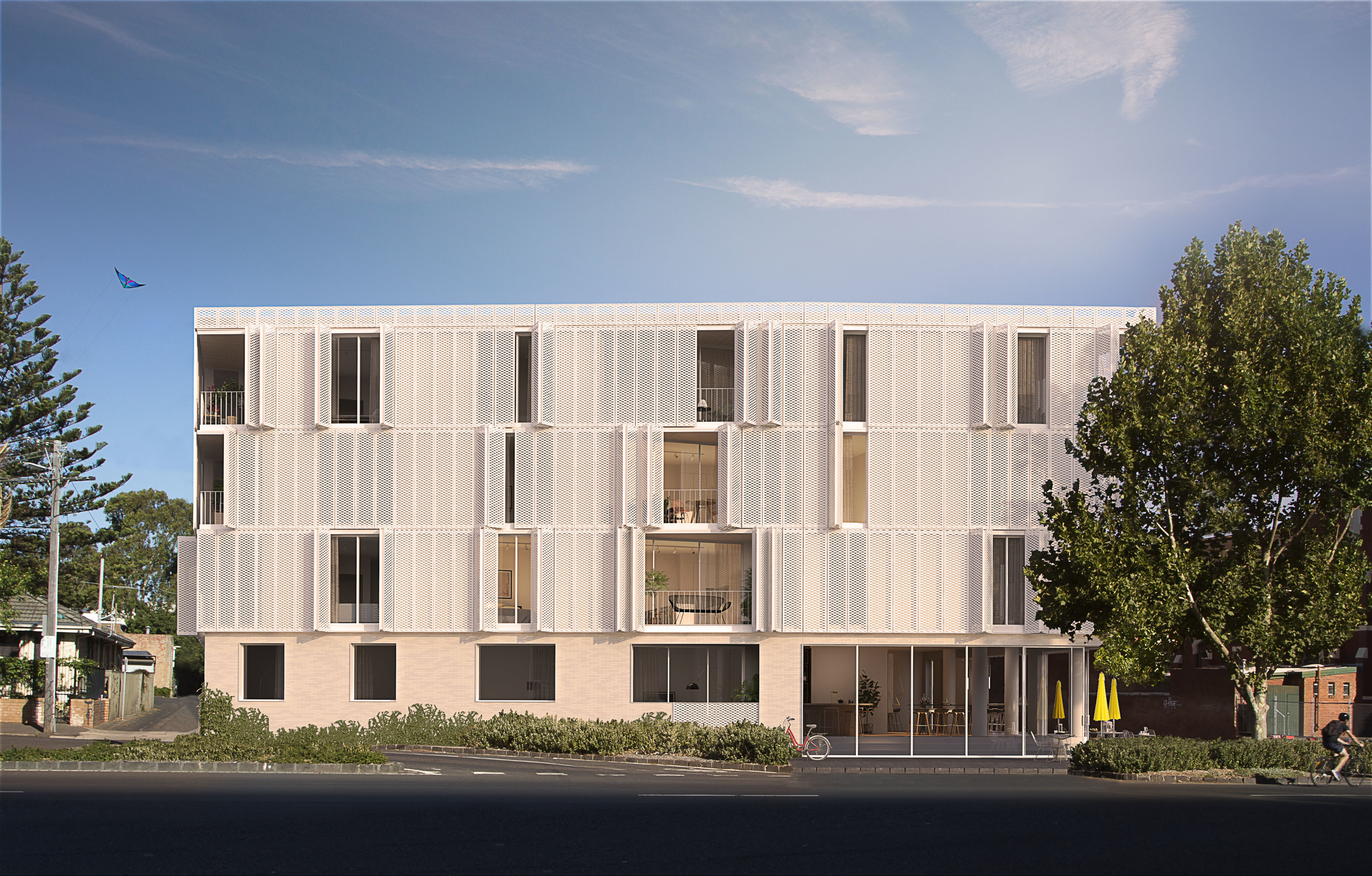 In keeping with Milieu Property's approach of creating buildings that are ‘a true reflection of place’, elements with strong local associations were selected for the images. The hot-air balloon at 6am can be seen most mornings in the sky above Melbourne, the scooter is the typical mail delivery vehicle in the area, and the galahs flying over the building at 12pm can often be encountered in the area.