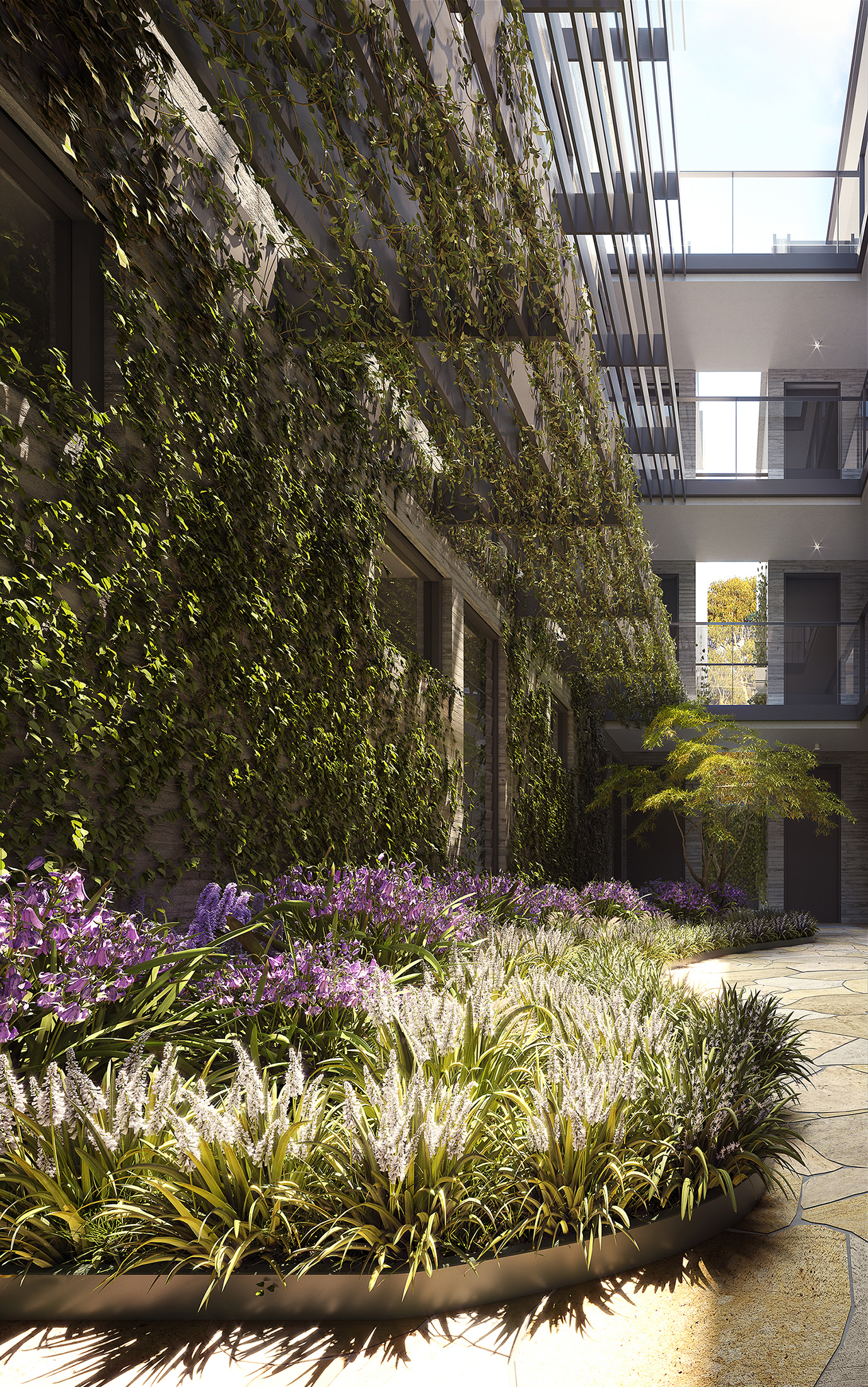Common area renders needed to be airy and spacious, with the communal terrace and city views being a particularly important selling point for the project. View angles for the courtyard and entrance spaces were carefully selected and bathed in light and greenery, balancing the more solid elements of the design by ITN Architects .