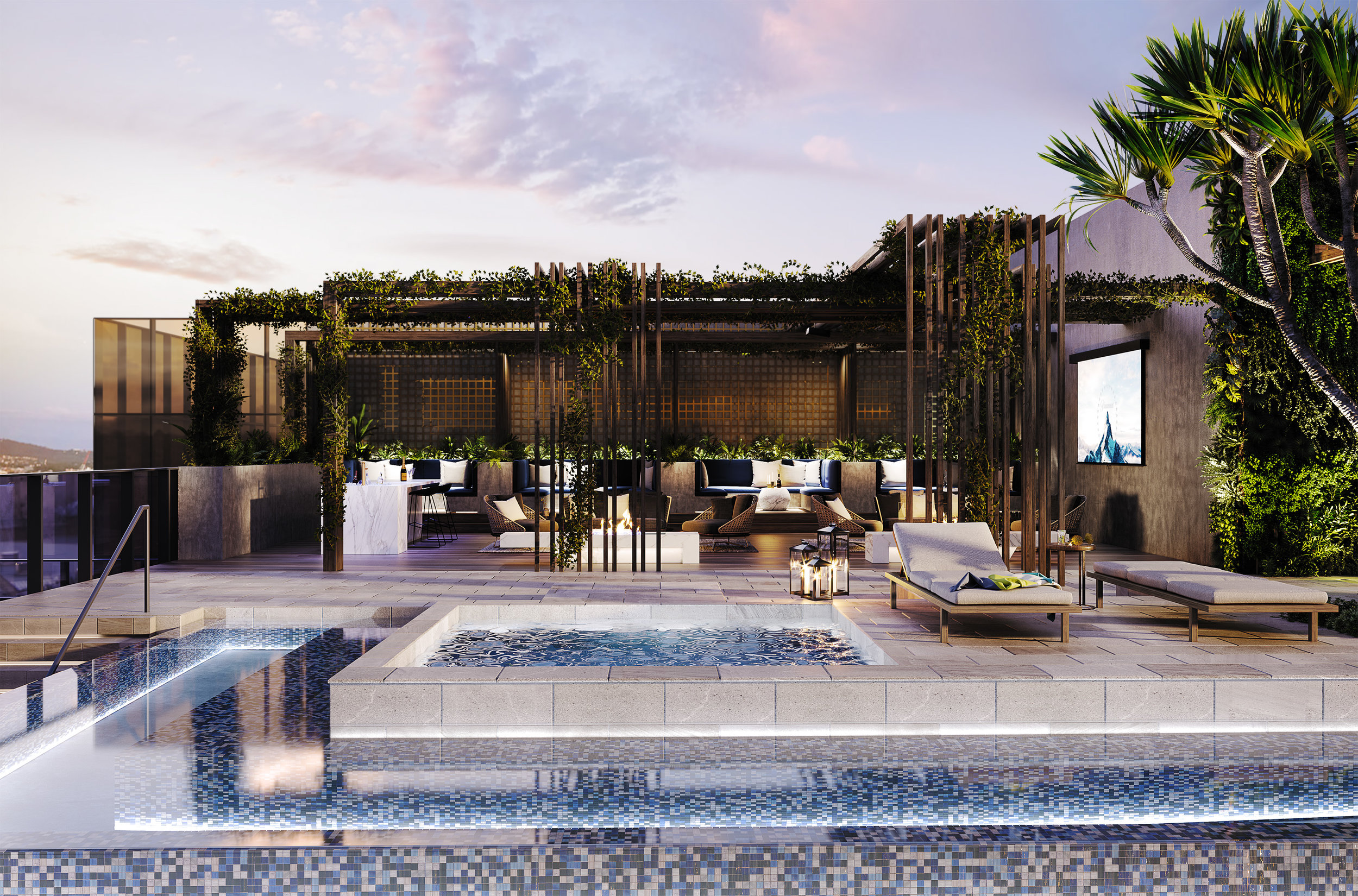 Internal 3D renders utilise bold sculptural forms and iconic furnishings to create a sense of familiarity and sophistication, while tropical plant species and and a very Queensland sky anchor the images firmly in the local context.