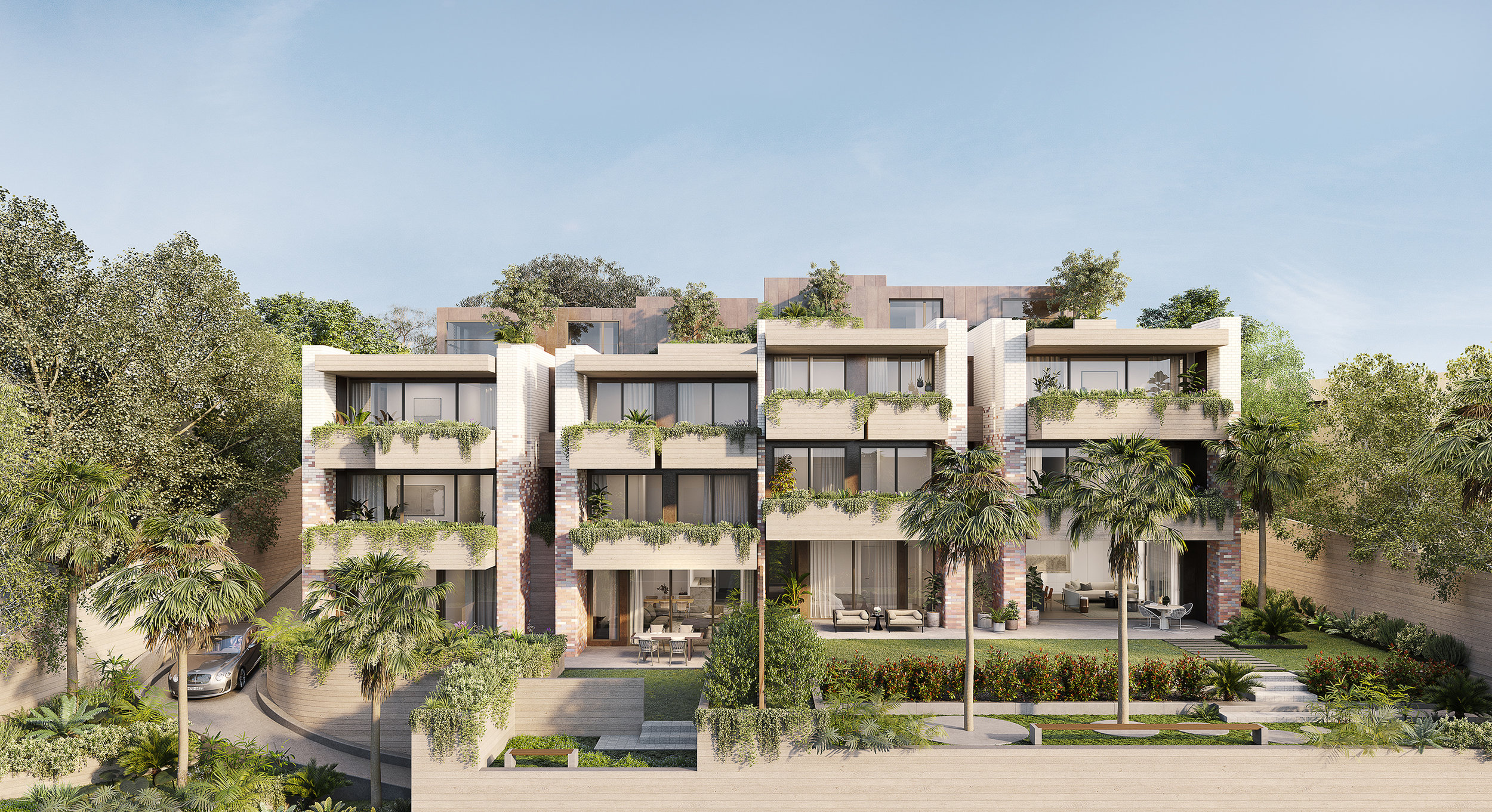Set in the leafy streets of this sought-after harbour village, the external renders responds to MHNDU ’s harmonious design with a focus on symmetry and views through points of entry, while the rear of the building is set in a lush green context that fully showcases the amenity of these homes.