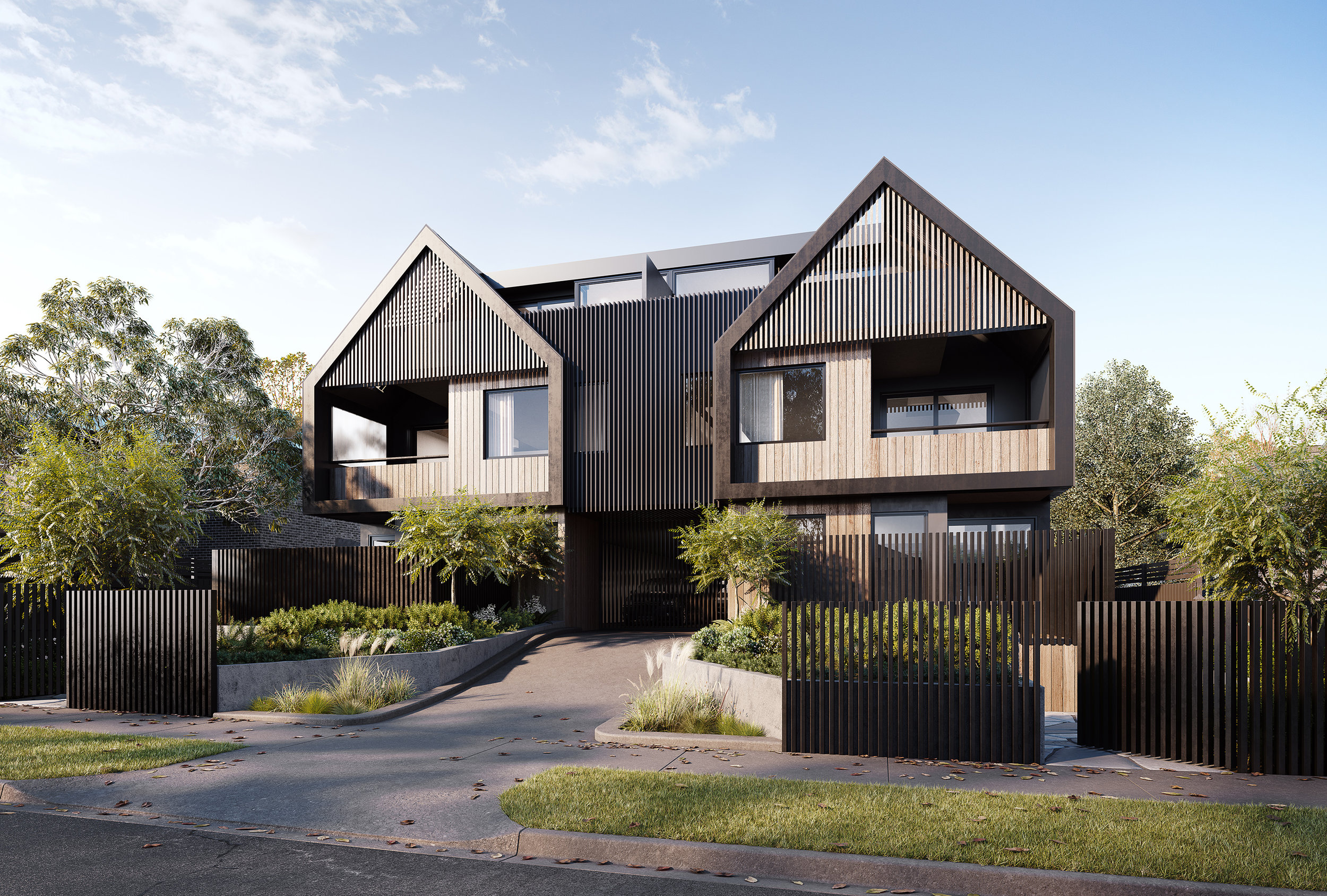 Elm Grove is an elegant collection of six townhomes in leafy Mckinnon. Designed by Perkins Architects with interiors by Tecture , these light-filled living spaces are formed form a warm/neutral palette punctuated by black accents. Key factors for the marketing renders included visual differentiation from nearby apartment stock through subtle references to staircases and spaciousness. Showcasing connectivity to the outdoors was also and important aspect, as was highlighting the refined aesthetic of the interiors. Branding/Marketing by We Are Tom .