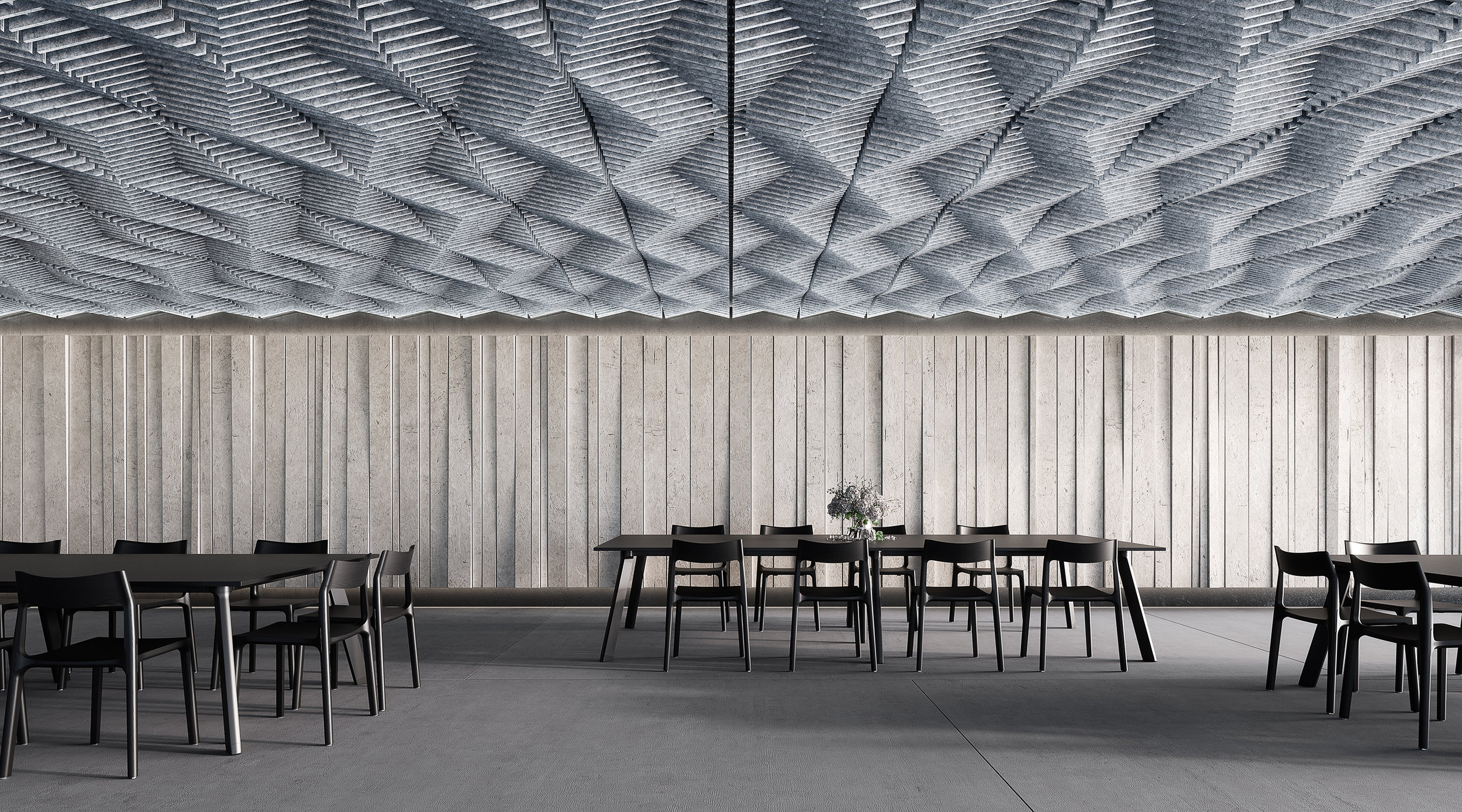 Throughout 2018 and 2019, Large Arts’ creative director Seda Camgoz collaborated with leading textile supplier INSTYLE to produce a set of designs for their new range of Ecoustic Sculpt™ ceiling tiles. Each of these designs showcases ways the Ecoustic Sculpt ™ system can be customized to client’s requirements. Custom visualisations were created for each design creating pared back contexts responding to the form and materiality of each product. Read more about the Ecoustic Sculpt ™ system here .