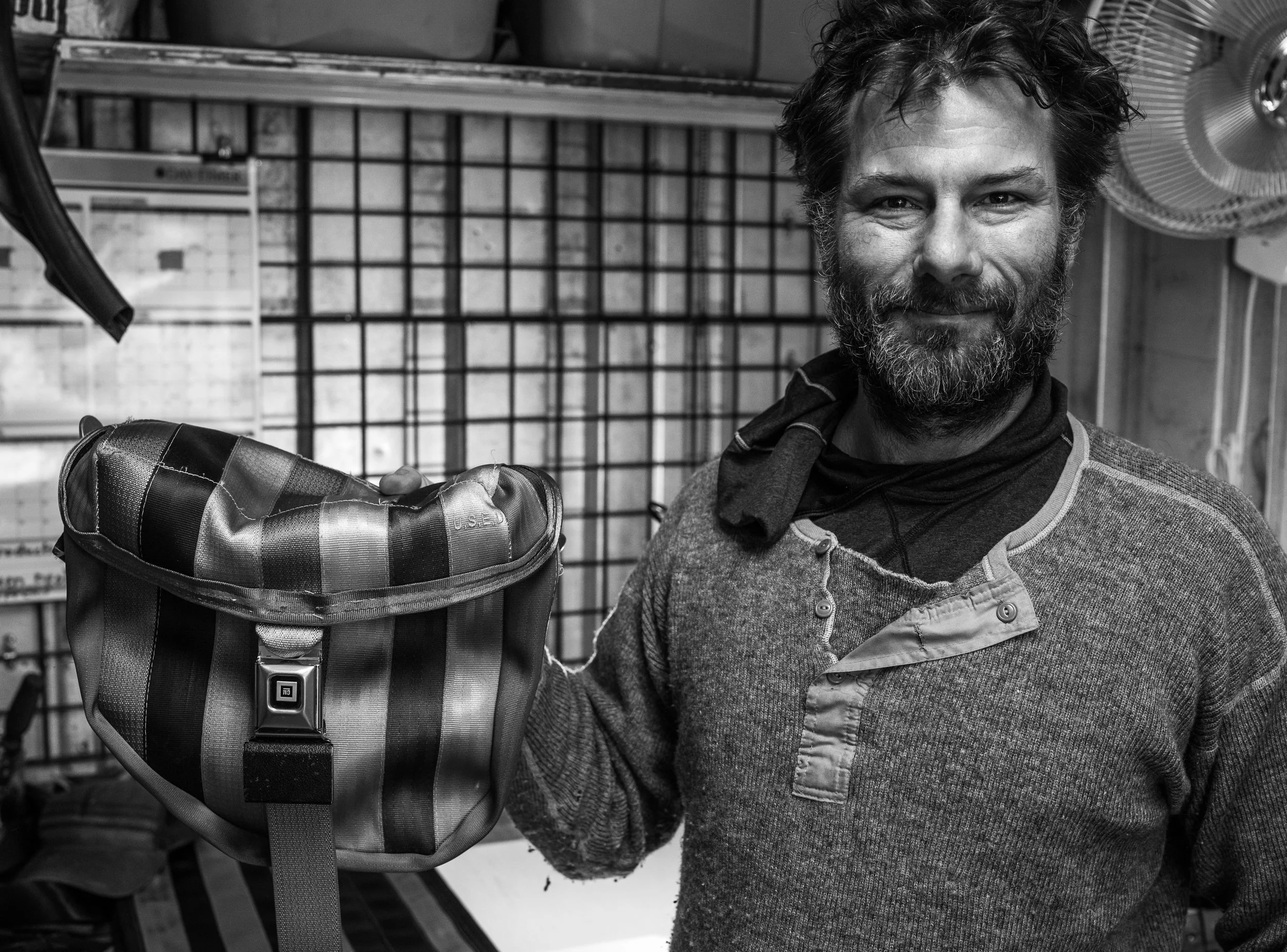 Trevor Showing off a new design in early stages of development. http://recycledseatbelts.ca