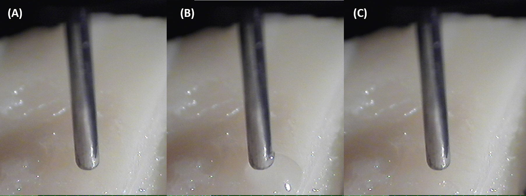 Figure 2. Examples of quality control photos obtained for every sampling event by the SeqQuant® droplet Probe: (A) Before droplet disbursement, (B) during surface sampling, and (C) upon retraction of the droplet.
