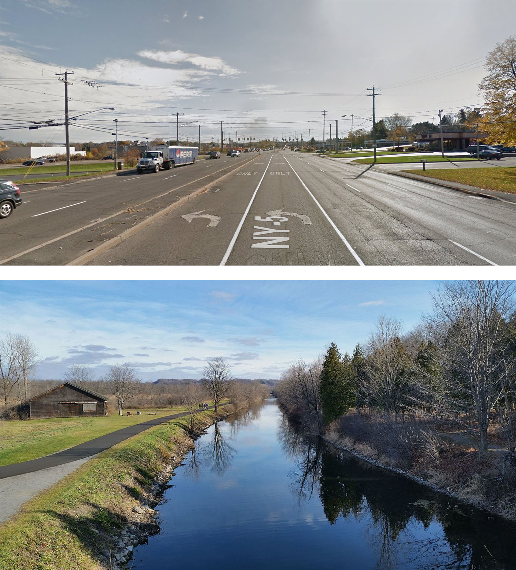 Erie Blvd vs. Canal State Park: Erie Boulevard Today; The Old Erie Canal State Historic Park