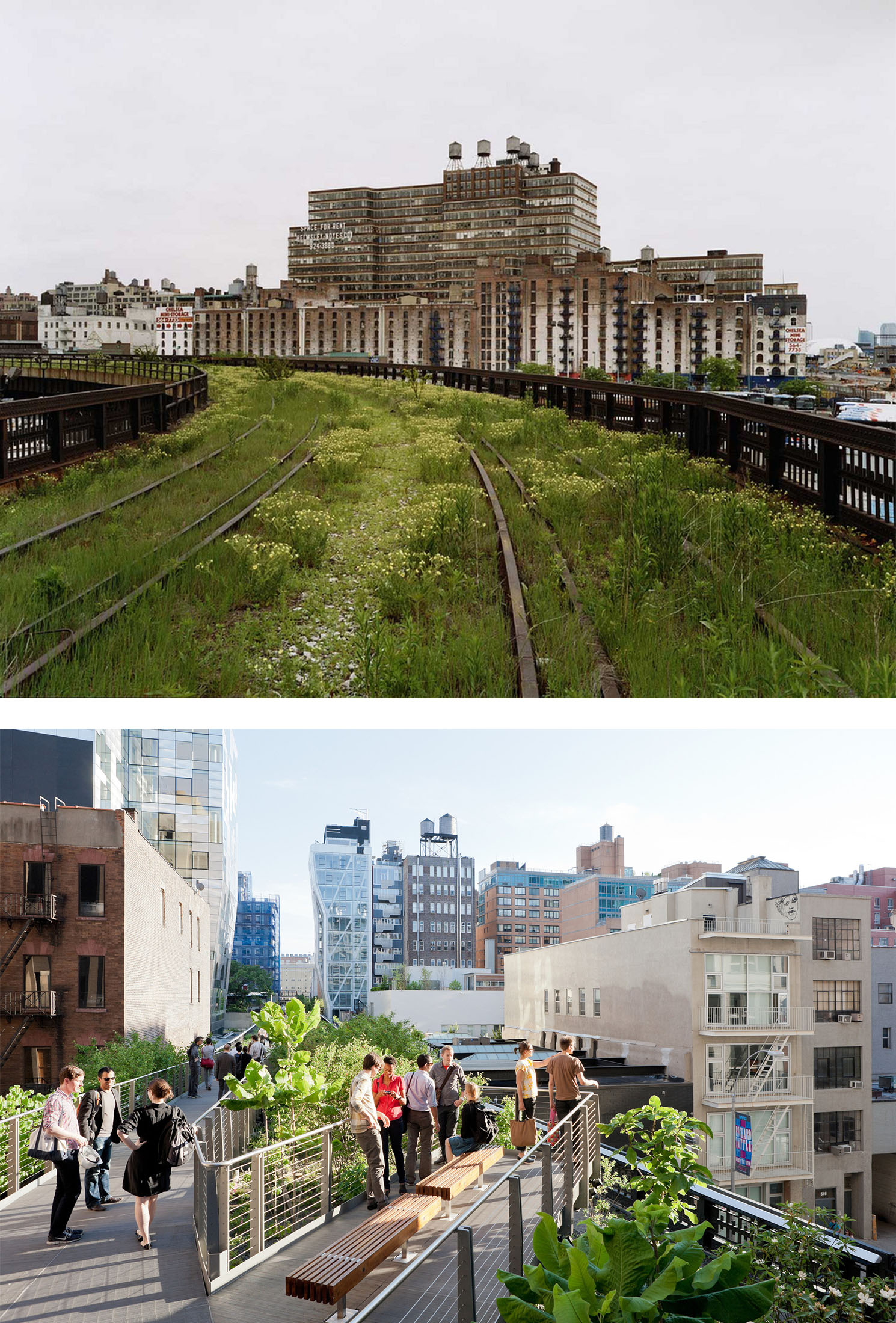 Highland Before/After: Abandoned West Side Line Before Renovation; The High Line Park Today