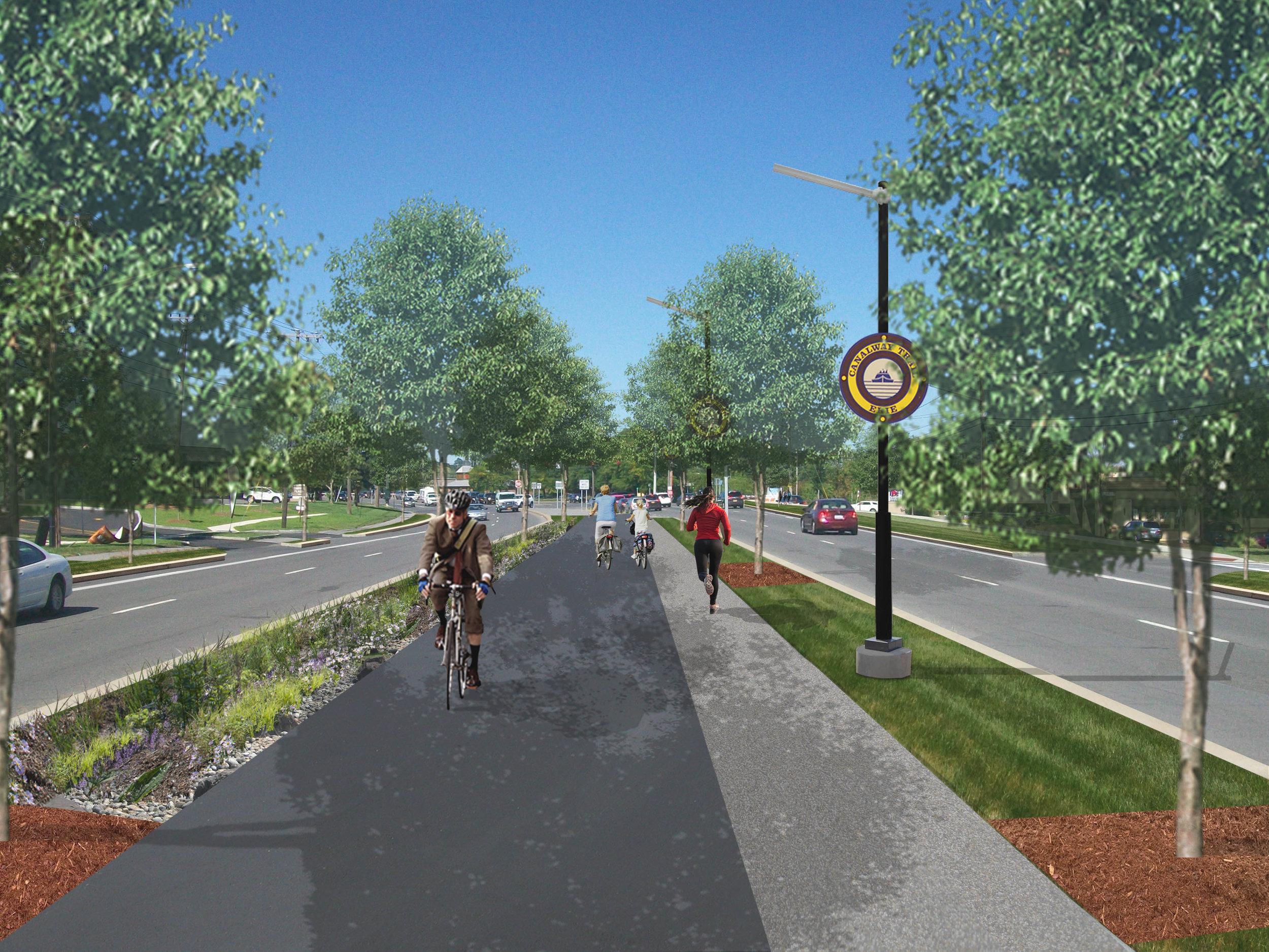 Visual simulation of a median-based greenway/bikeway along Erie Boulevard East in DeWitt