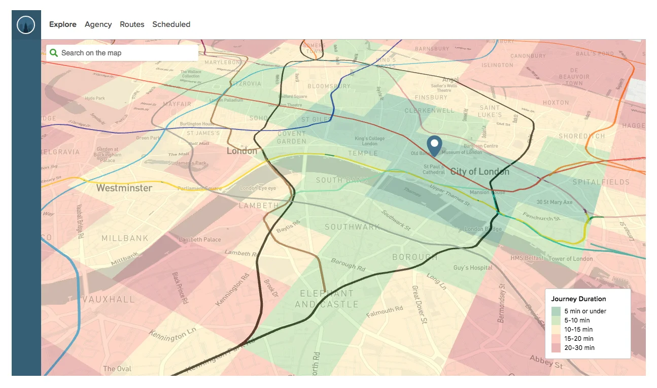 SimCity with Journey Duration data cross-referenced with live transit links
