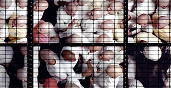 Still from THX-1138, which used members of the organization Synanon as bald extras. At my estimate, the only alternative for masses of bald individuals at the time would have been skinhead gangs, avoided for obvious reasons.