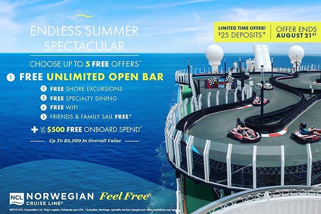 Norwegian is at it again! $25 deposits AND &quot;Free At Sea&quot;?! Summer may be ending but the deals are endless! Reach out today for your chance to Cruise Like a Norwegian! @norwegiancruiseline #ZettingTravel #Zetting #Cruise #Ship #Cruising #Cru
