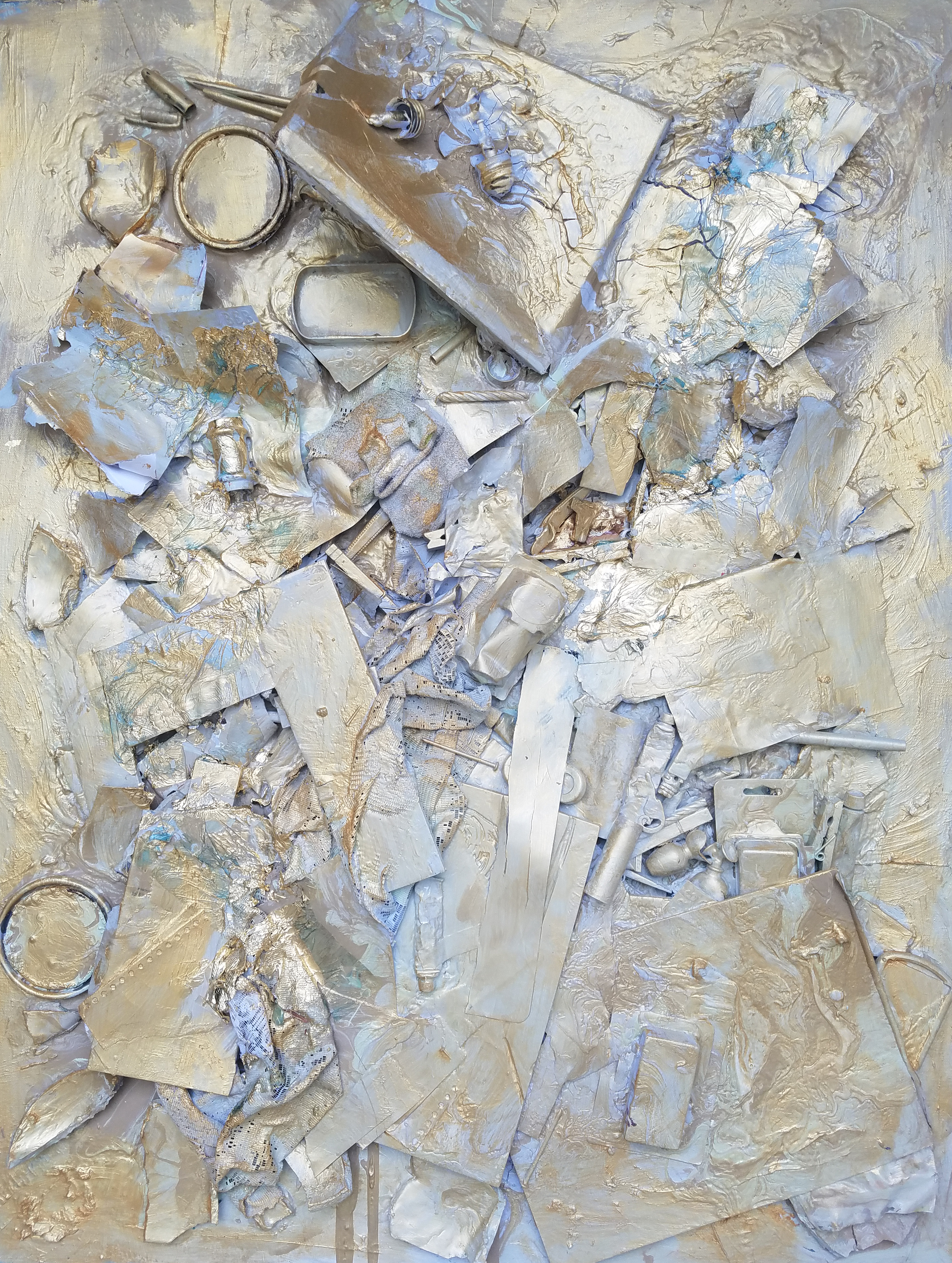 "Precious Things" 4ft x 2 ft Found objects, house paint, gold leafing on canvas 2016