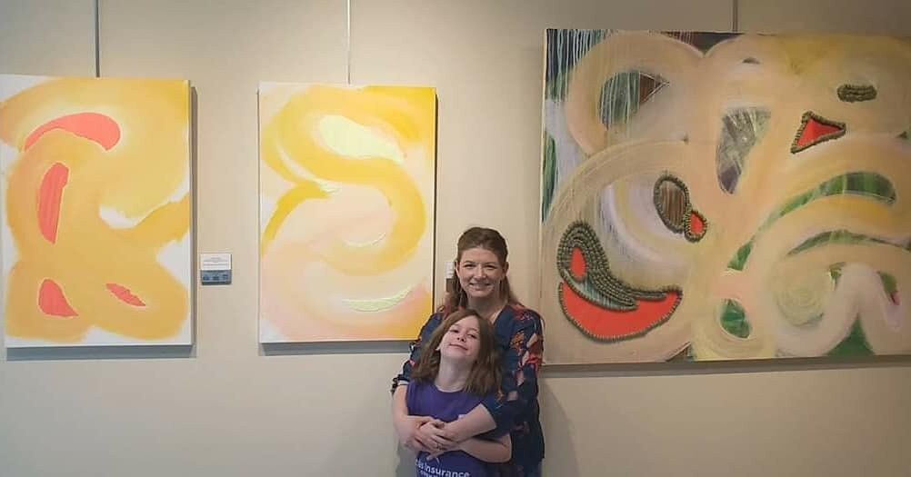 Great evening with family❤ very thankful for this opportunity to share my work with others. #rochestermnartist #womanartist #feministart #owatonnamn #feminine #embroideryoncanvas #newwork #newseries #motherartist #artistandmother #abstractart #embroi