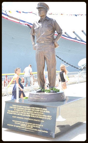 Statue of FADM Nimitz on a granite pedestal next to the USS Missouri Memorial Museum, Ford Island, Pearl Harbor, Hawai’i