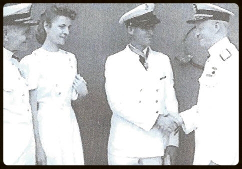 Admiral Halsey, Alice Finn, Chief John Finn, Admiral Nimitz  -  Chief Finn receives the Medal of Honor at a ceremony aboard the USS Enterprise (CV-6), 1942