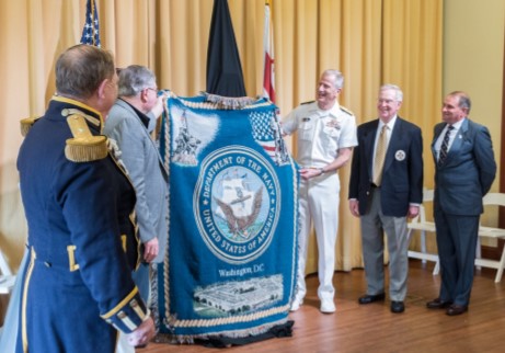 Following the marker's unveiling, a ceremonial cake cutting was performed to recognize the 150th anniversary. Two special guests appeared - Commodore John Barry, USN and Ms. Clara Barton, ably re-enacted by LCDR Ralph Day of the National Capitol Commandery, and Ms. DIana Ingraham, Executive DIrector of the Hill Center.
