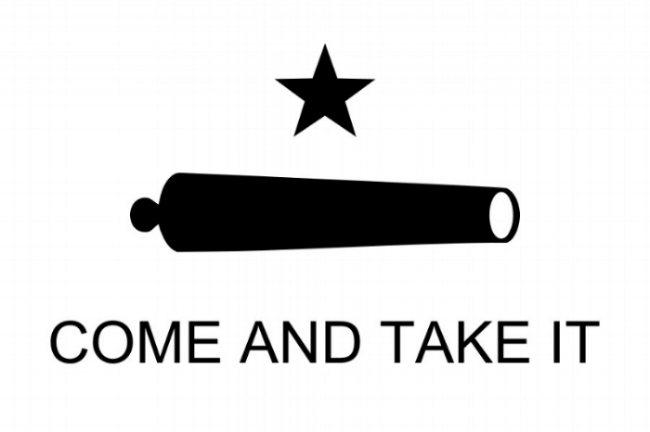 The Gonzales or "Come and Take It" flag was designed and painted by Cynthia Burns and Evaline DeWitt and was allegedly used at the battle of Gonzales in October 1835. The flag may have been carried by Stephen F. Austin 's volunteer army to the siege of Bexar . From "The Handbook of Texas", Texas State Historical Association, https://www.tshaonline.org/home/