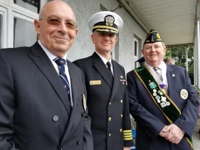 Captain John Rodgaard (USN, Ret), representing the Naval Order of the U.S., Rear Admiral (Sel) David Dwyer representing Admiral Michelle Howard and USNAVEUR, and Lt. Commander Ralph Day (USN, Ret) representing the Ancient Order of Hibernians at the ceremony to unveil the historic marker that now marks the centennial of the arrival of the U.S. Fleet under Admiral Taussig in Queenstown (now Cobh), Ireland.
