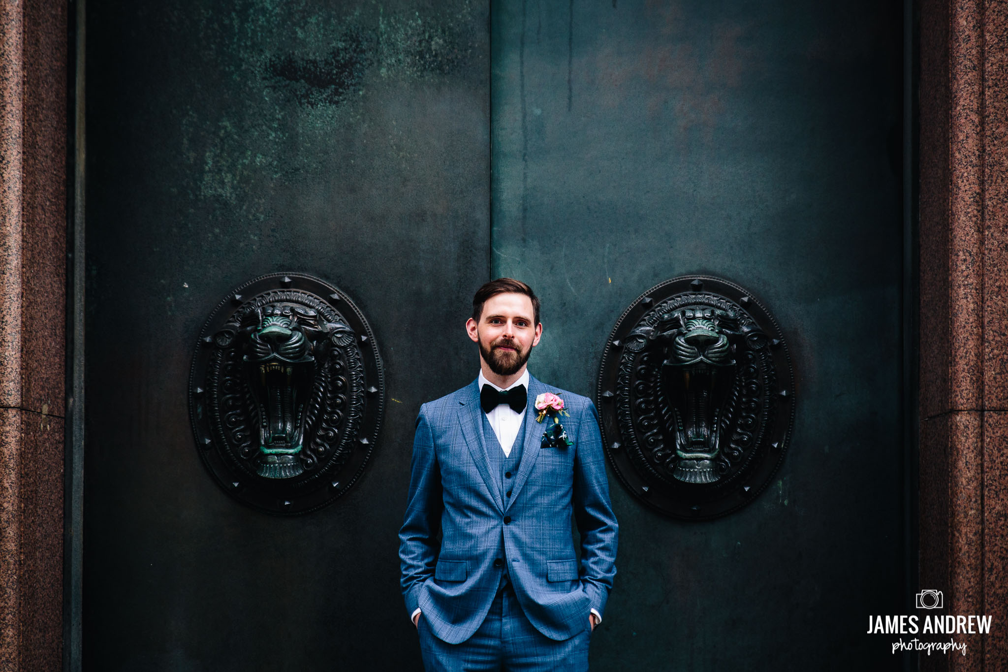 Edgy alternative Groom Portrait Infront Of Door Liverpool City wedding