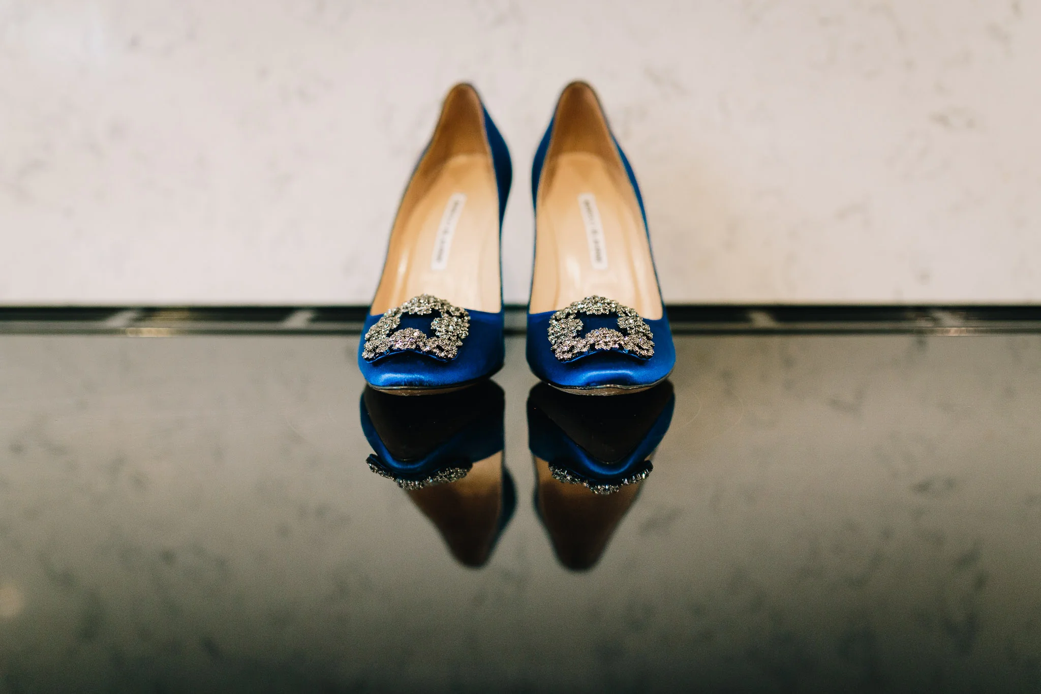 MANOLO BLAHNIK BLUE WEDDING SHOES REFLECTION