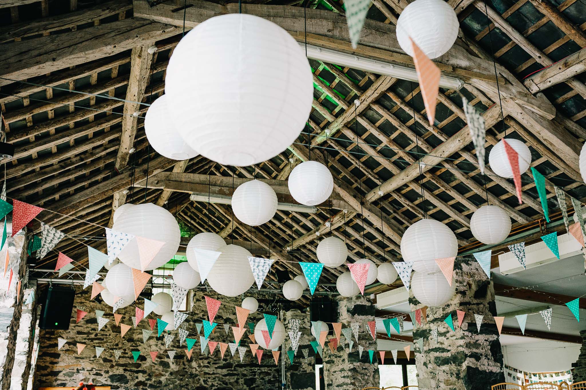 LANTERNS AND BUNTING HANGING UP IN NORTH WALES BARN
