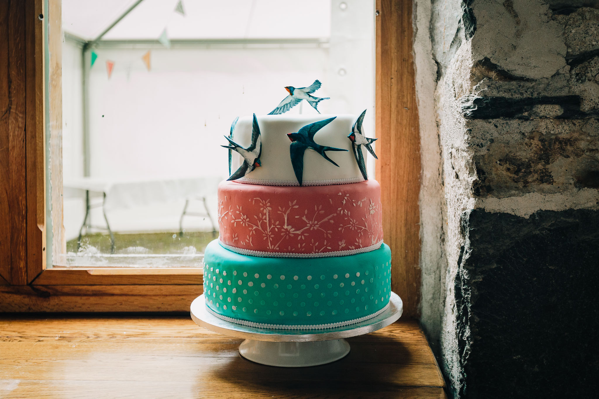 THREE TIERED DIY WEDDING CAKE IN STONE BARN