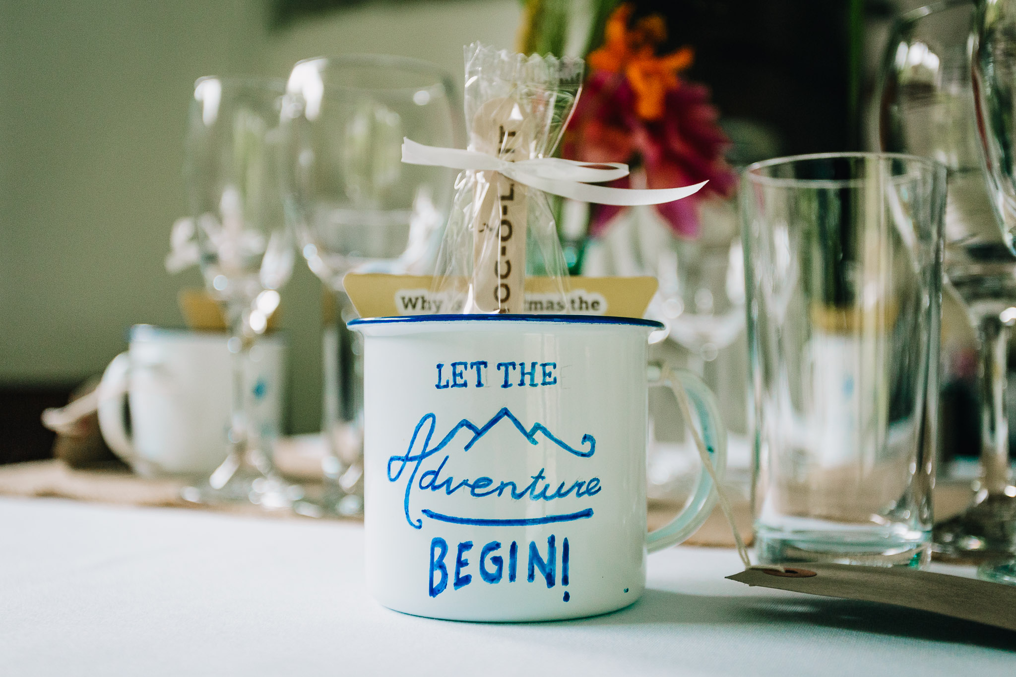 WHITE TIN CAMPING MUG WEDDING FAVOUR SAYING LET THE ADVENTURE BEGIN