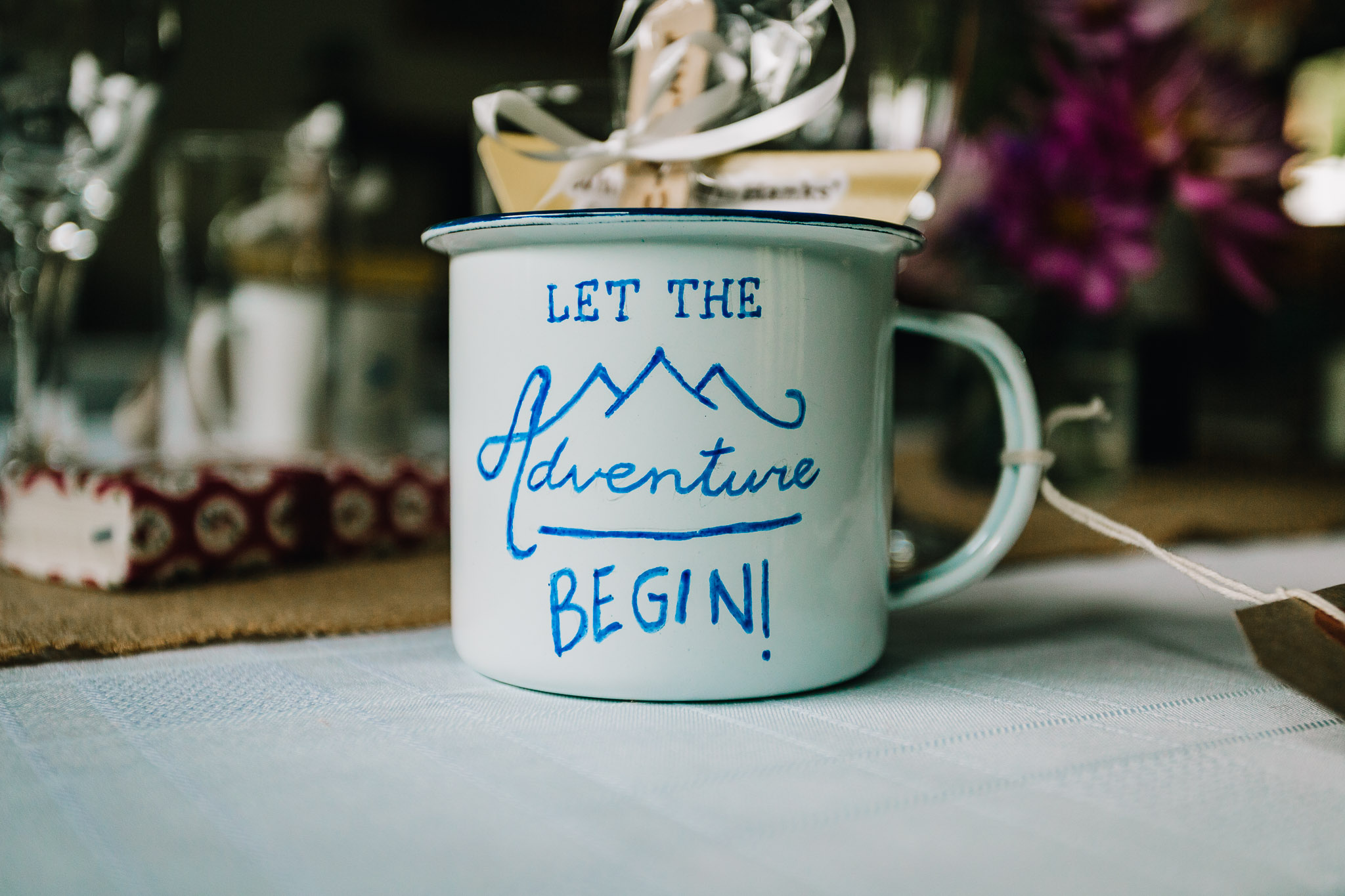 TIN MUG WEDDING FAVOUR WITH MOUNTAINS AND OUTDOOR THEME